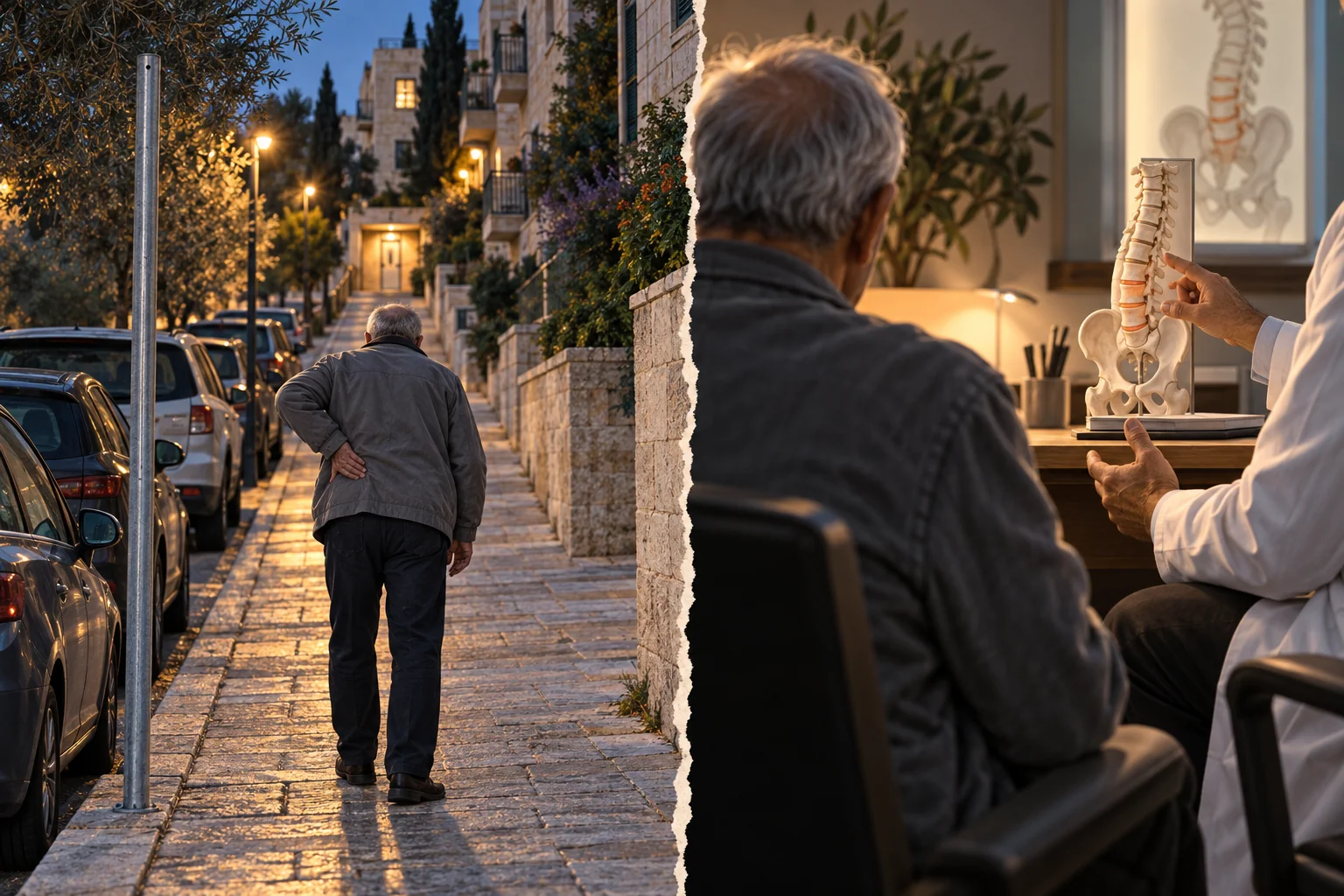 המחשה: אדם מתקשה בדרך הארוכה לביתו; לצדו התייעצות עם אורתופד